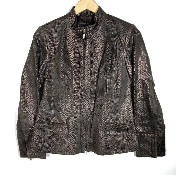 Alfani  brown full zip 100% leather reptile print jacket women's size small S - Picture 1 of 4